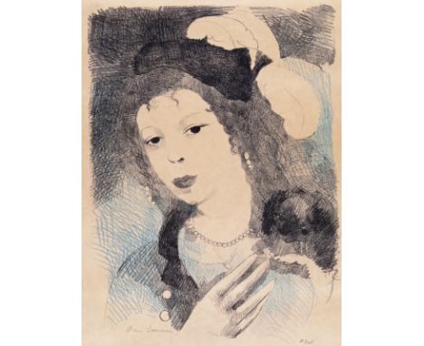 ‡ Marie Laurencin (French 1883-1956) Young lady wearing pearls and a feathered cap with her pet dog Signed and numbered 91/12