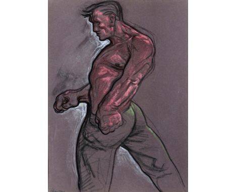 ‡ Peter Howson OBE (Scottish b.1958) The Fighter Signed Charcoal and coloured chalks on grey paper 39 x 29cm Provenance: Eton