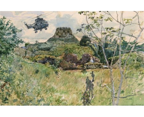 ‡ Ken Howard RA (b.1932) Troops in Belize Signed and dated '78 Watercolour 35 x 52cm This scene depicts a patrol of 'Woofers'