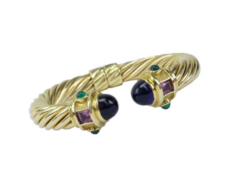 Vintage David Yurman 14 Karat Yellow Gold Cable Hinged Cuff Bangle Bracelet with Cabochon Amethysts and Multi Gemstone Accent