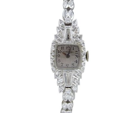 Lady's Vintage Approx. 4.0 Carat Tapered Baguette and Round Brilliant Cut Diamond and Platinum Hamilton Bracelet Watch with M