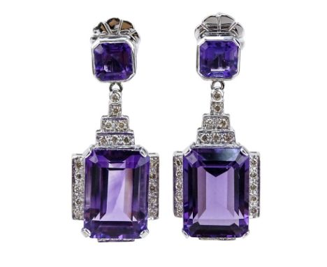 Approx. 18.66 Carat Amethyst, 1.50 Carat Diamond and 18 Karat White Gold Pendant Earrings. Amethysts with vivid color, larger