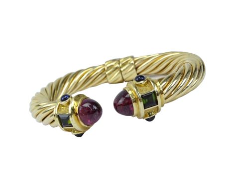 Vintage David Yurman 14 Karat Yellow Gold Cable Hinged Cuff Bangle Bracelet with Cabochon Rubelite Tourmalines and Multi Gems
