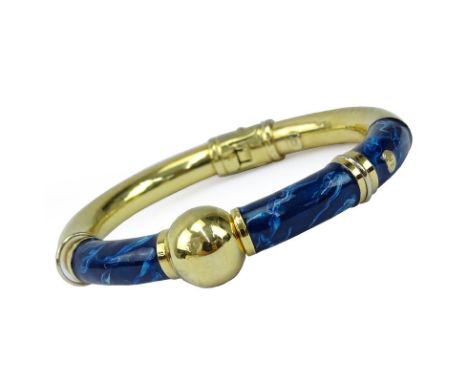 Vintage 18 Karat Yellow Gold and Blue Enamel Hinged Cuff Bangle Bracelet. Signed IP, stamped 750. Small dings/dents. Measures