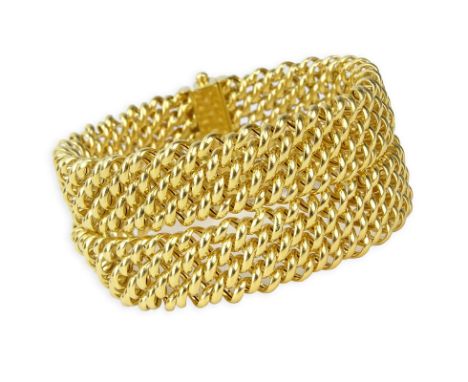Vintage Italian 18 Karat Yellow Gold Flexible Mesh Link Cuff Bangle Bracelet. Stamped 18K, Italy, hallmark. Very good vintage