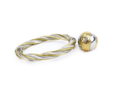18 Karat Yellow and White Gold Hinged Bangle Bracelet and Artlinea 18 Karat Dome Ring. Each stamped 18k/Italy, ring is signed
