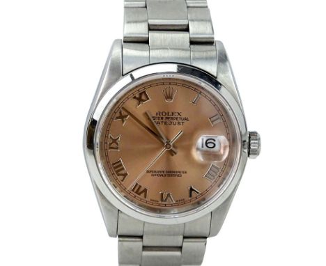 Rolex Datejust Stainless Steel Pink Dial Roman Numerals Automatic Chronometer Watch. Serial No. F470318 with boxes and papers