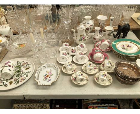 Worcester and other coffee cups and saucers, Georgian and later decanters, flower painted dessert plates, a pair of Old Sheff