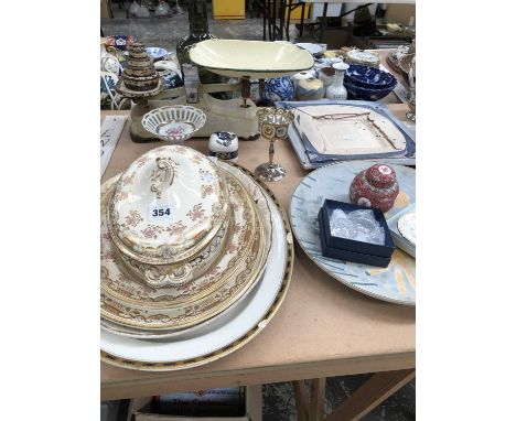 Two studio pottery dishes, Wedgwood and other platters, a set of kitchen scales and weights, an electroplate goblet, etc.