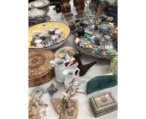 A Huntley &amp; Palmers tin, miniature cups, saucers and figures, glass paperweights, an electroplate standing dish, glass dr
