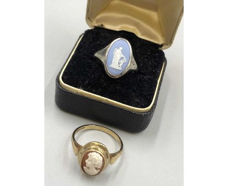A 9ct hallmarked gold portrait cameo ring and a silver Wedgwood ring. Finger size Q and N. 9ct weight 2.19 grams. 