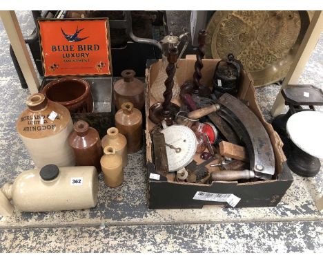 Stoneware flasks, spring balances, kitchen scales, a brass dish together with various tools
