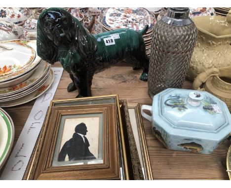 A brass stick stand, a pair of Chinese brass vases and covers, two telephone sets, Susie Cooper tea wares, a silhouette and p