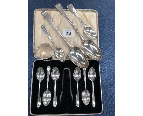 Hallmarked silver to include a pair of Georgian dessert spoons, two tea spoons a cased set of six coffee spoons and a napkin 