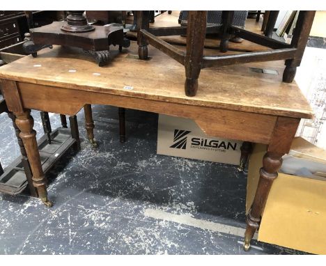 An oak writing table, the rectangular top inset with two brass inkwell receivers.   W 114 x D 67 x H 73cms.