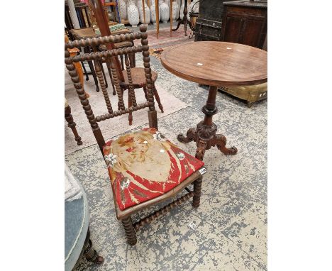 A victorian bobbin back low chair and a georgian style tripod table.