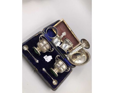 Hallmarked silver to include a cased pair of loaded trophy cups form salts with spoons,  a royal commemorative pin tray, a ca