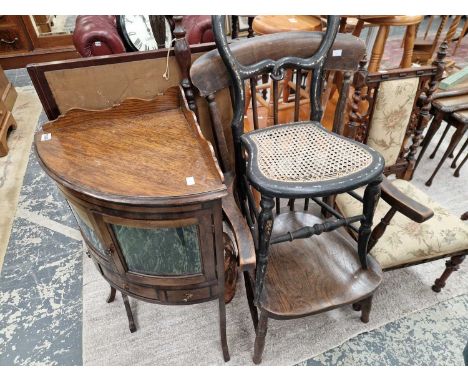 A firescreen, an antique kitchen chair, two bedroom chairs, a corner display cabinet and a copper warming pan.