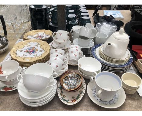 A studio pottery tall candlestick, a Grosvenor part dessert service, Hess and other tea wares, etc.