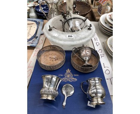 A silver christening mug, a silver beaker, a silver miniature hand mirror, electroplate, two glass light shades, a Spode Roya
