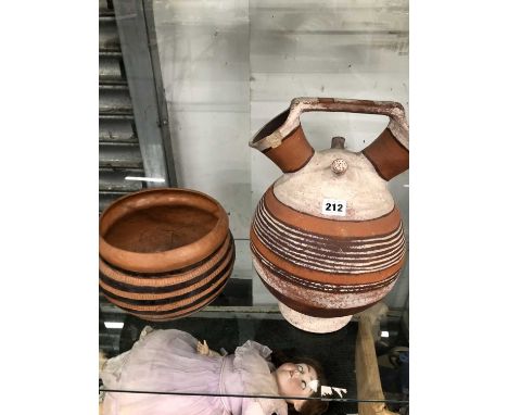 A Penelope Bennett studio pottery stirrup flask together with a bowl