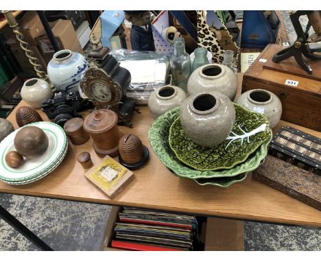 Chinese jars, a clock, treen, a Contax camera, a brass candlestick, a microscope, etc.