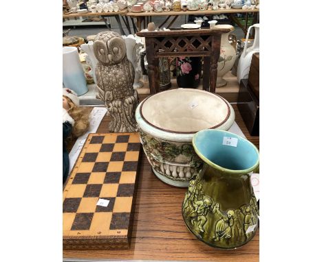 A wooden chess set in a folding board, a Sarreguemines jug, a Capodimonte planter, a stool and a grey glazed figure of an owl