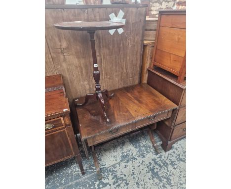 A mahogany and inlaid tripod wine table together with a regency style sofa table.