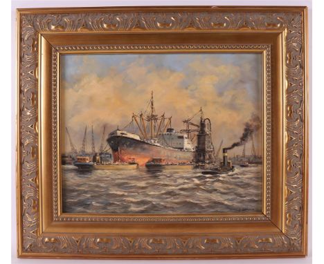 Scheen, L (pseudonym A. Blok, Rotterdam 1935) "Port view", oil paint/panel, h24 x w30 cm.