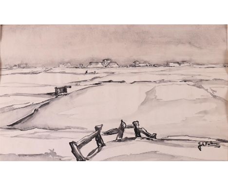 Faber, Johann (Groningen 1902-1979) "Groninger landscape", signed in full l.r., ink drawing/paper, h 27.5 x w 45.5 cm. Hereby