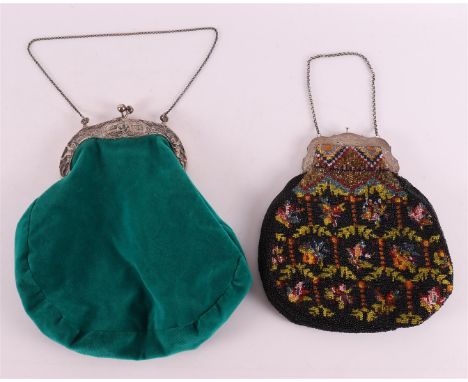 A 3rd grade 800/1000 bag bracket of green cloth bag of a later date, 19th century. This includes 2nd grade 835/1000 silver br