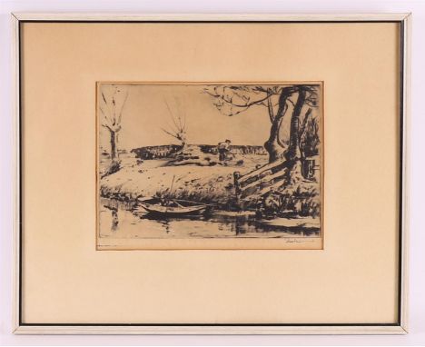 Prins, Riekele (Kollummerzwaag 1905 - Groningen 1954) "Landscape with a haymaking farmer", signed in full l.r., etching/paper