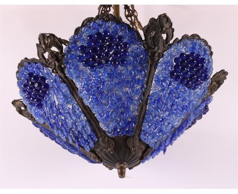 A hanging lamp with a blue glass shade in a metal frame, Italy, Murano, 2nd half 20th century, h 70 x Ø 48 cm.