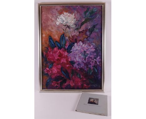 Nagtegaal-Bosnak, Roos (Drente 1922-2019) "Rhododendrons", signed in full l.r., oil paint/panel, h 80 x w 58 cm.