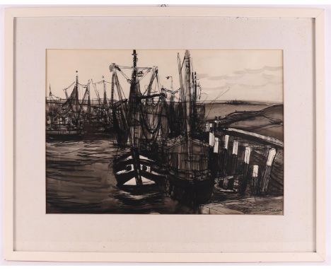 Vries de, Jannes (Meppel 1901 -1986 Groningen) "Harbour with fishing ships", signed in full l.r. and '62, ink drawing/paper, 