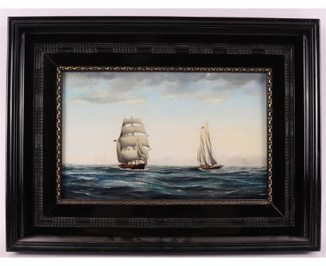 Vos, A (Dutch school 20th century) "Sailing ships on the high seas", signed in full l.r., oil/panel, h 20 x w 33 cm.