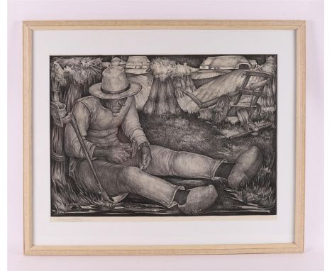 Berg van den, Willem Hendrik (The Hague 1886 - A'dam 1970) "Mower sharpening his scythe", signed in full l.l., lithograph/pap