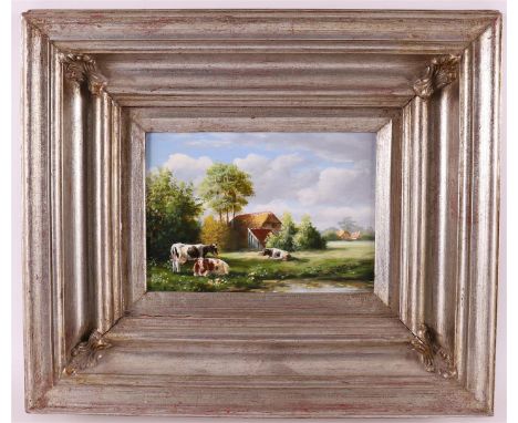 Meijer, J "Cows in a landscape with a farm house", signed in full l.r., oil/panel, h 13 x w18 cm.