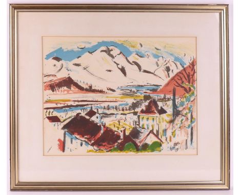 Wiegers, Jan (Oldenhove 1893 A'dam-1959) "View of Oberngadin near Davos", signed in full in pencil l.r., color lithograph/pap