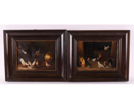 European school 20th century "Chicken with rooster in a stable", pedantic, oil paint/panel, h 18 x w 23.5 cm, tot. 2x.