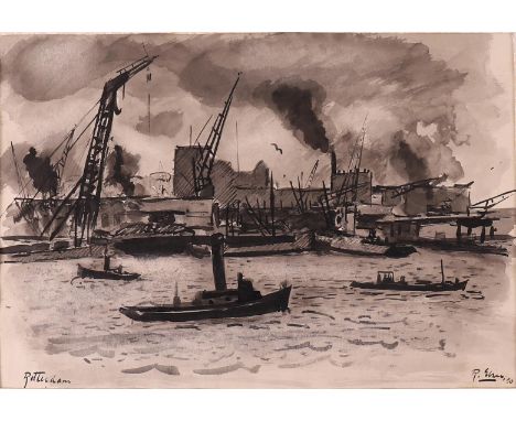 Elzer, Ruurd (Sneek 1915 - 1995 Groningen) "Haven te Rotterdam", signed in full l.r. and 1950, ink drawing/paper, h 22 x w 33