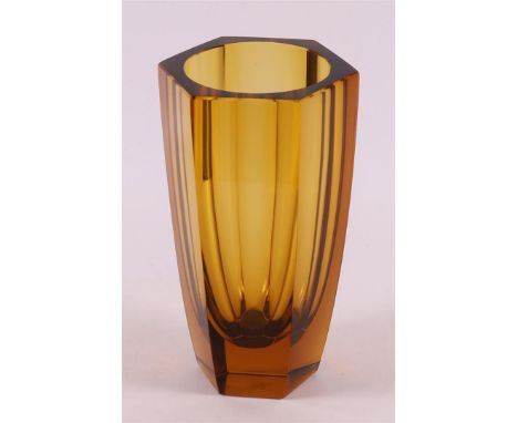 Austria, Moses. An amber clear glass hexagonal Art Deco vase, na. 1946. Version Moser Czechoslovakia, with etching mark 'Mose