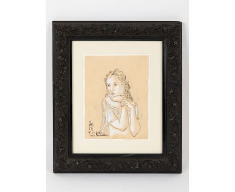 Foujita, Tsuguharu-Léonard (1886 - 1968).Federzeichung und Aquarell, weiß gehöht; Halbportrait "Madeleine" aus 1953; Gerahmt 