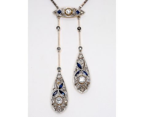 Hochwertiges Collier mit Saphiren, Diamantrosen und 3 Altschliff-Diamanten, zusammen ca. 0,35 ct, Art Deco.585/- Weiß- und Ge
