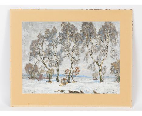 Gorbatov, Konstantin Ivanovich (1876-1945).Aquarell / Gouache auf Malkarton, "Birken in Winterlandschaft", polychrome Malerei
