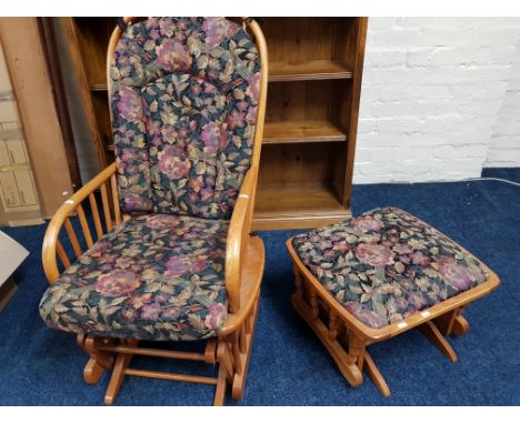 A stick back rocking chair and matching rocking stool, by Sharmag.