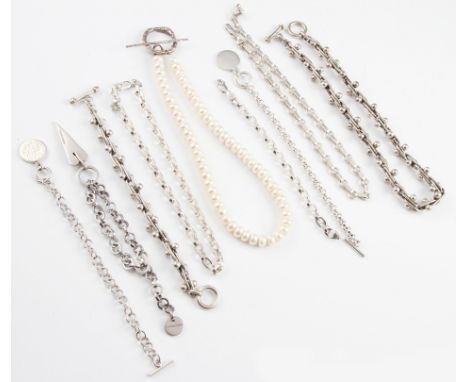 A collection of jewellery to include four belcher link bracelets, all stamped 925, two belcher link chains, stamped 925, a sp