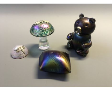 Four Glasform ornaments, a teddy bear, pillow, one toadstool with dragonfly signed K. Heaton 2015 and one toadstool top with 