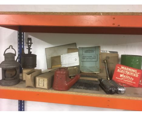 A mixed lot of items to include two vintage chrome fire extinguishers, electric fence signs, a Masthead lantern, up light bur