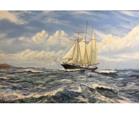 R. JACK. Framed, signed oil on canvas depicting seascape with schooner, 62cm x 87cm. See verso.